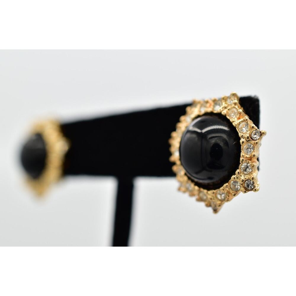 Christian Dior Vintage Black Cabochon Earrings Crystal Gold NOS Signed 80s BinQ - Picture 2 of 12